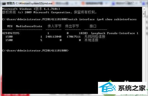 输入“netsh interface ipv4 show subinterfaces” win10系统玩dnf时一直卡在选择角色界面的解决方法